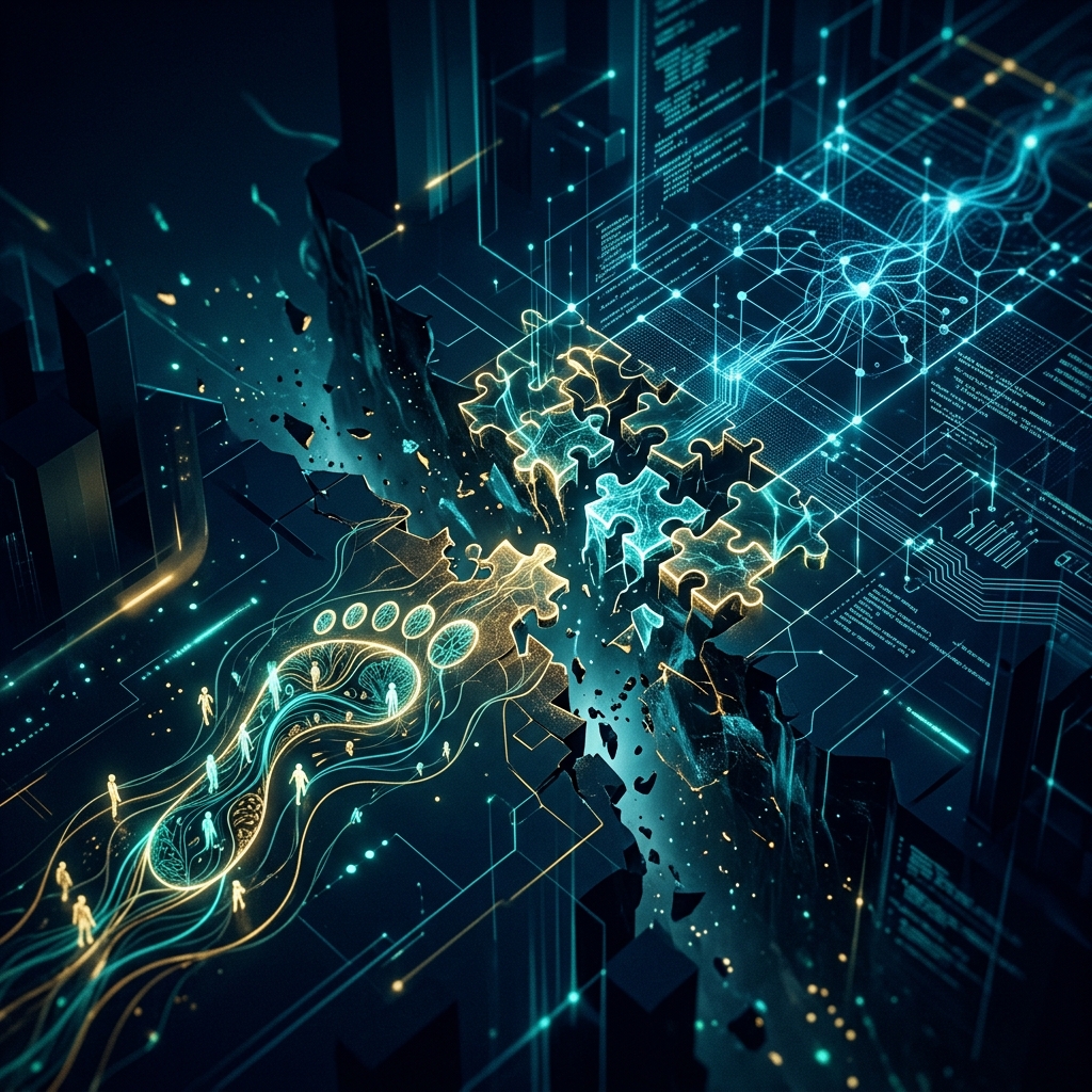 Abstract illustration representing the human-computer interaction gap and puzzle pieces of technology alignment.